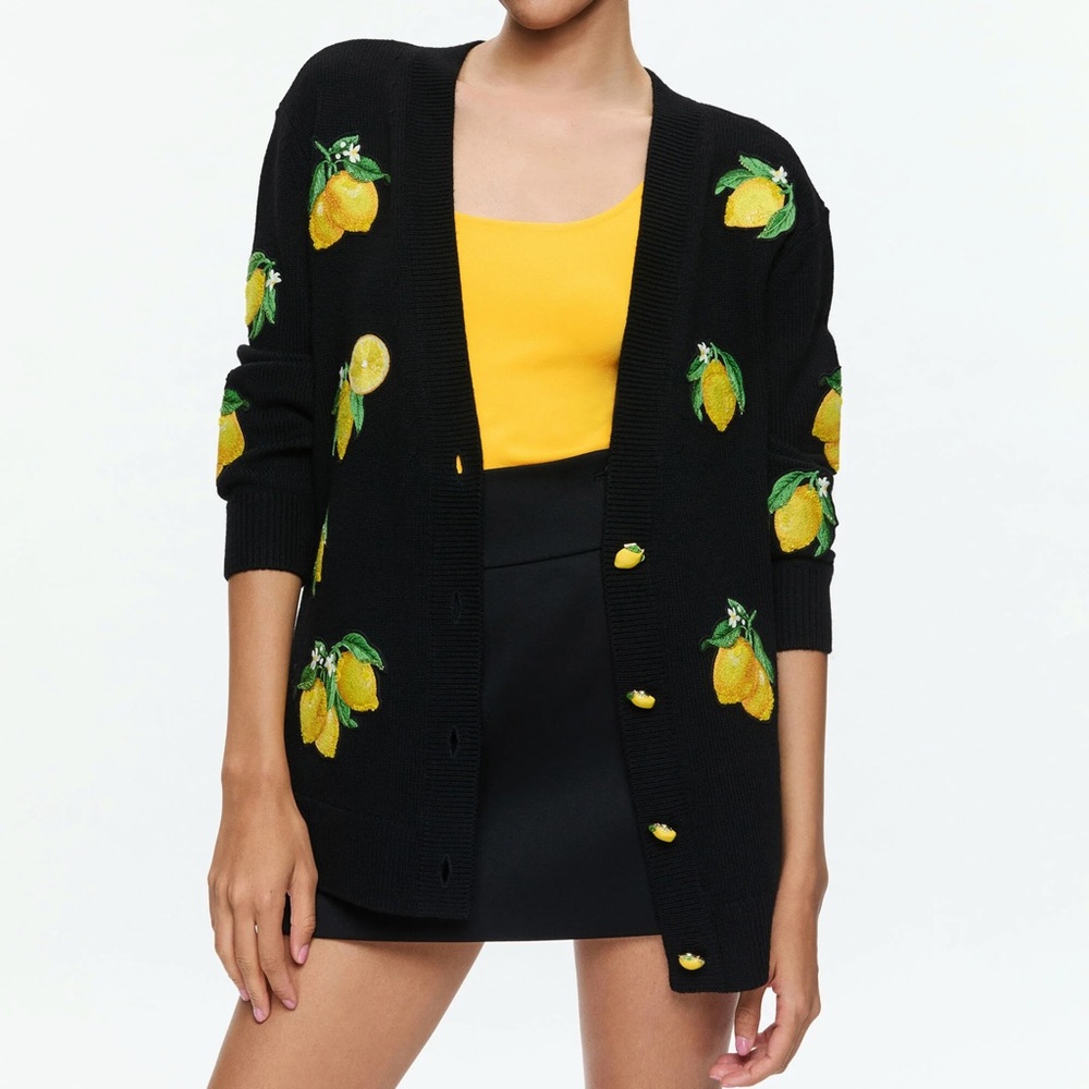 NWT Alice + Olivia Bradford Lemon Tree Cardigan Sweater Embroidered Black M